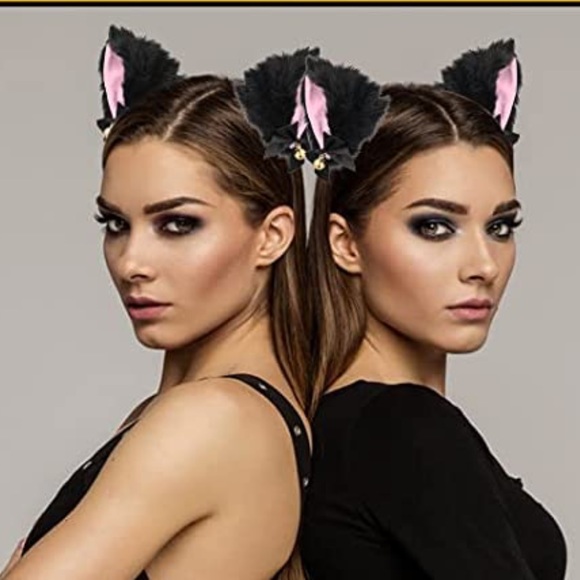 NWT Cat Ears + Choker Set Black & Pink Cute Bell Furry Ears Heart Necklace Goth - Picture 3 of 4
